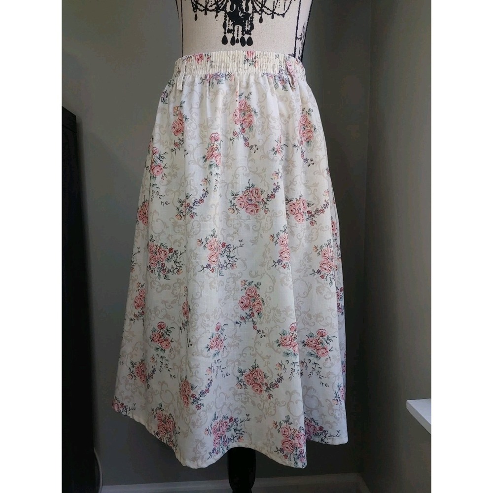90s Romantic Feminine Floral Midi Skirt Pink Rose Cottage Med 12/14
